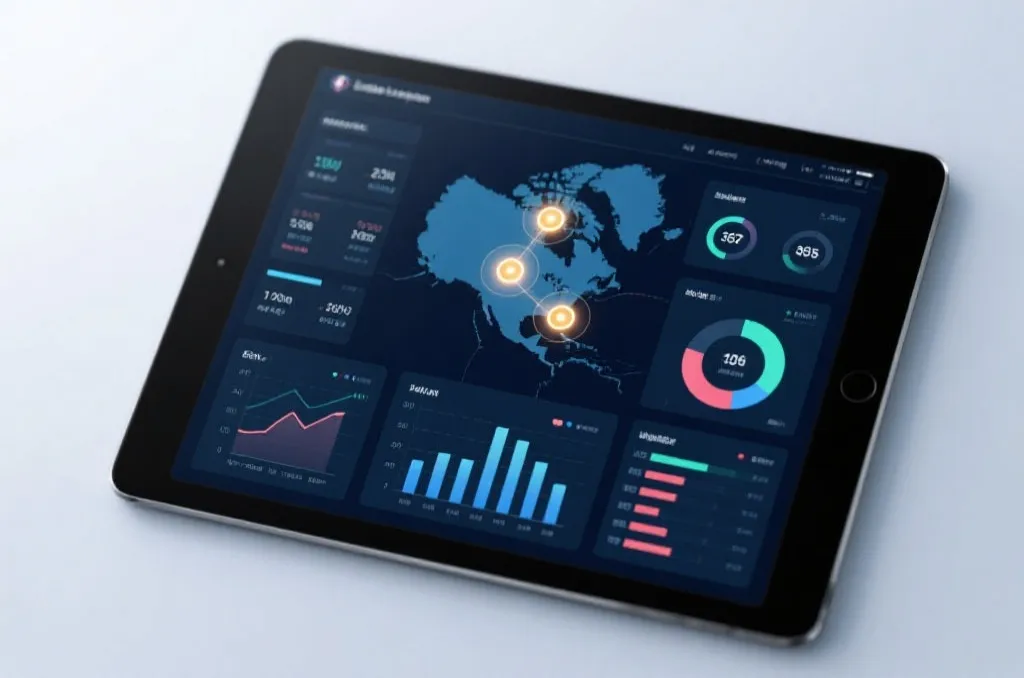 Modern sports analytics dashboard showing data charts and a stylized North American map